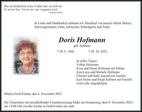 Traueranzeige von Doris Hofmann von Giessener Allgemeine, Alsfelder Allgemeine