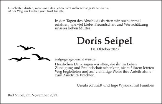 Traueranzeige von Doris Seipel von Bad Vilbel/Karben