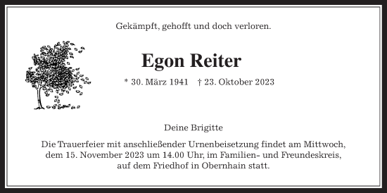 Traueranzeige von Egon Reiter von Usinger Anzeiger