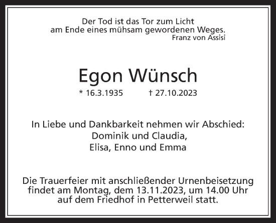 Traueranzeige von Egon Wünsch von Wetterauer Zeitung