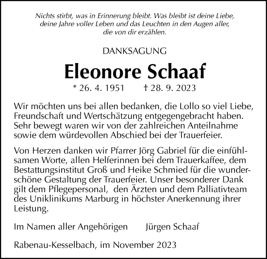 Traueranzeige von Eleonore Schaaf von Giessener Anzeiger