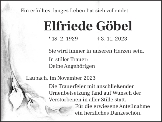Traueranzeige von Elfriede Göbel von Laubacher Anzeiger