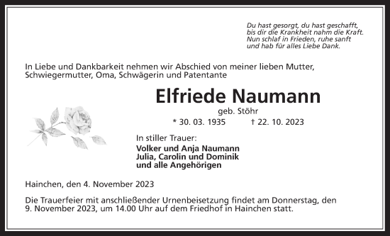 Traueranzeige von Elfriede Naumann von Kreis-Anzeiger