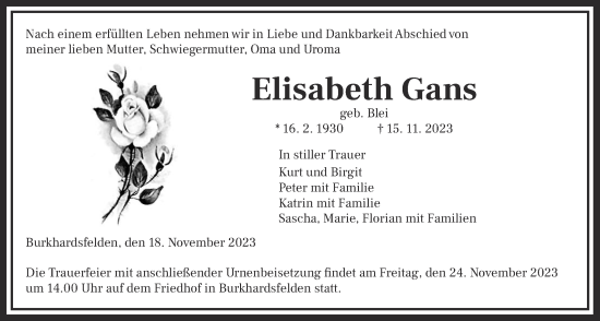 Traueranzeige von Elisabeth Gans von Giessener Allgemeine, Alsfelder Allgemeine