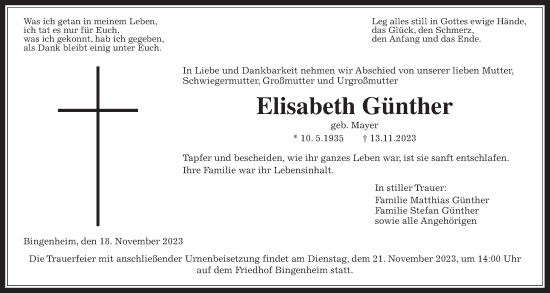 Traueranzeige von Elisabeth Günther von Wetterauer Zeitung