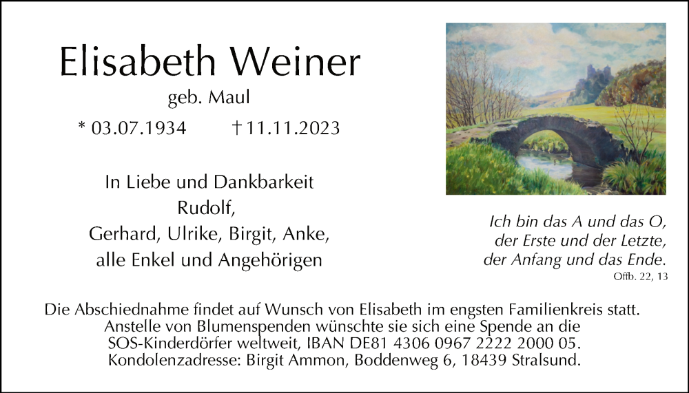  Traueranzeige für Elisabeth Weiner vom 18.11.2023 aus Wetterauer Zeitung