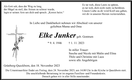 Traueranzeige von Elke Junker von Giessener Allgemeine, Alsfelder Allgemeine