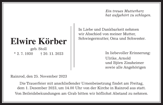 Traueranzeige von Elwire Körber von Kreis-Anzeiger