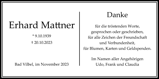 Traueranzeige von Erhard Mattner von Bad Vilbel/Karben