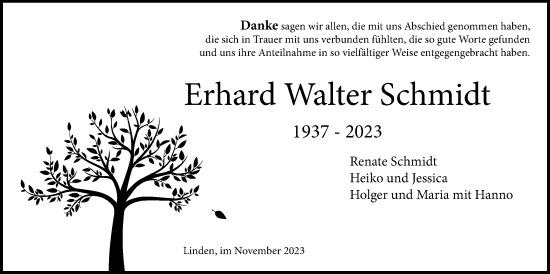 Traueranzeige von Erhard Walter Schmidt von Giessener Allgemeine, Alsfelder Allgemeine, Giessener Anzeiger