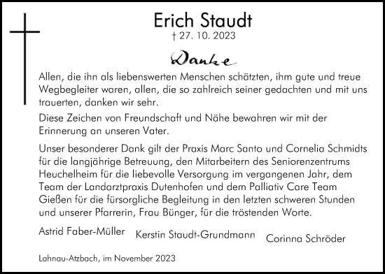 Traueranzeige von Erich Staudt von Giessener Allgemeine, Alsfelder Allgemeine