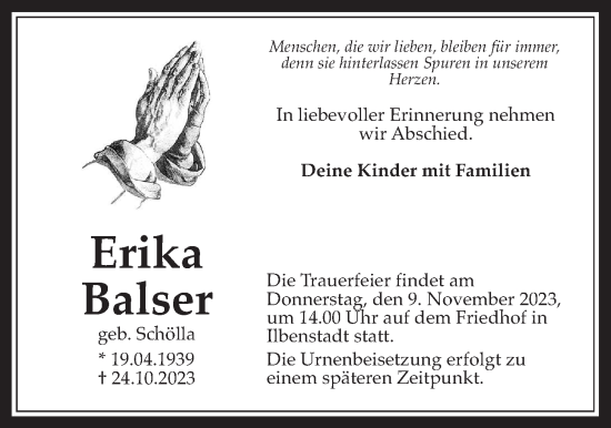 Traueranzeige von Erika Balser von Wetterauer Zeitung