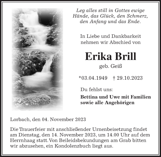 Traueranzeige von Erika Brill von Kreis-Anzeiger