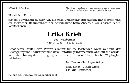 Traueranzeige von Erika Krieb von Allendorfer Mitteilungen, Giessener Anzeiger, Giessener Allgemeine, Alsfelder Allgemeine