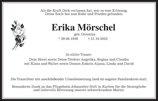 Traueranzeige von Erika Mörschel von Bad Vilbel/Karben