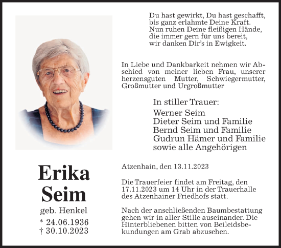 Traueranzeige von Erika Seim von Giessener Allgemeine, Alsfelder Allgemeine
