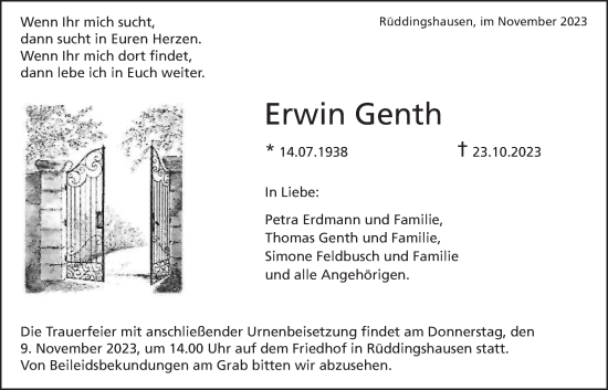 Traueranzeige von Erwin Genth von Giessener Allgemeine, Alsfelder Allgemeine