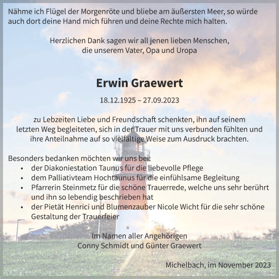 Traueranzeige von Erwin Graewert von Usinger Anzeiger