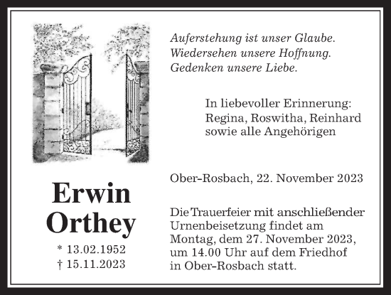 Traueranzeige von Erwin Orthey von Wetterauer Zeitung