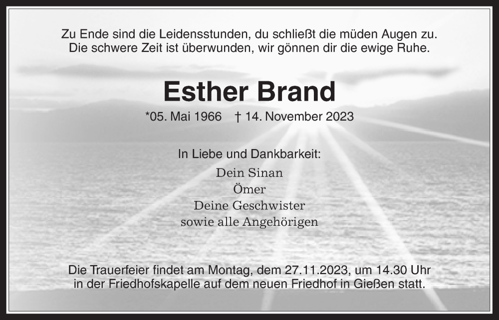  Traueranzeige für Esther Brand vom 21.11.2023 aus Giessener Allgemeine, Alsfelder Allgemeine