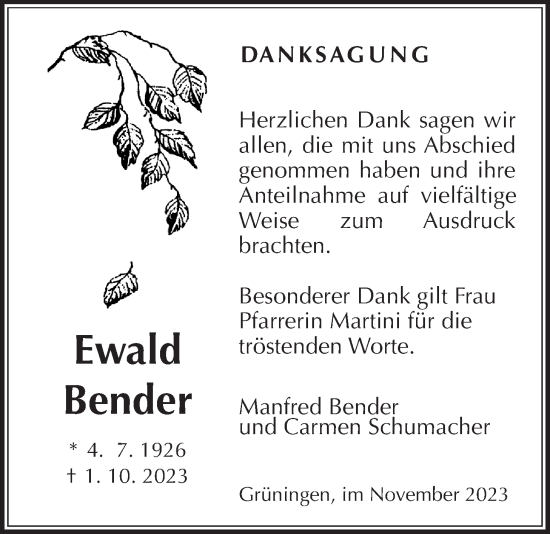 Traueranzeige von Ewald Bender von Pohlheimer Nachrichten