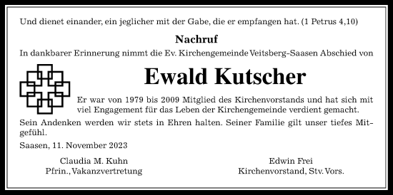 Traueranzeige von Ewald Kutscher von Giessener Anzeiger, Giessener Allgemeine, Alsfelder Allgemeine, Giessener Anzeiger, Giessener Allgemeine, Alsfelder Allgemeine
