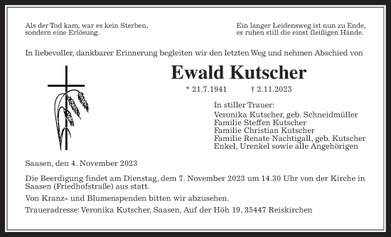 Traueranzeige von Ewald Kutscher von Giessener Allgemeine, Alsfelder Allgemeine, Giessener Anzeiger