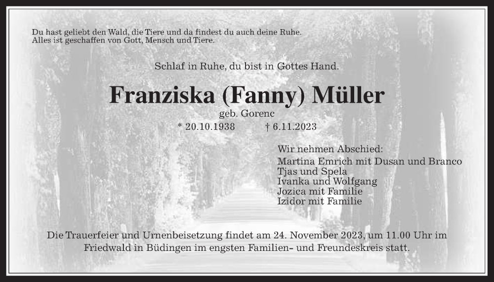  Traueranzeige für Franziska Müller vom 18.11.2023 aus Kreis-Anzeiger