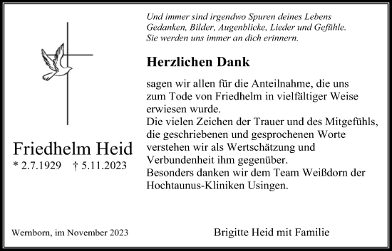 Traueranzeige von Friedhelm Heid von Usinger Anzeiger