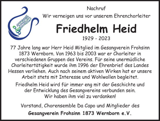 Traueranzeige von Friedhelm Heid von Usinger Anzeiger