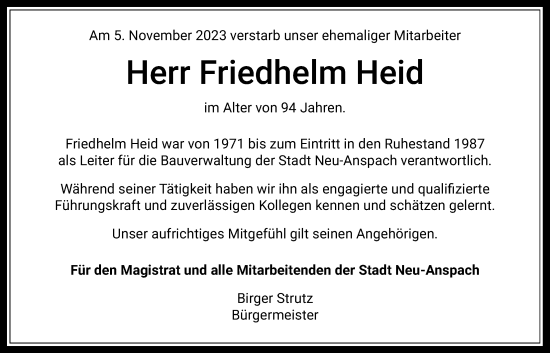 Traueranzeige von Friedhelm Heid von Usinger Anzeiger