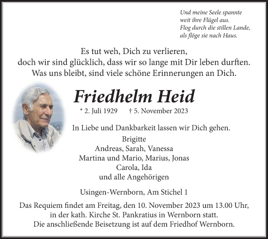 Traueranzeige von Friedhelm Heid von Usinger Anzeiger