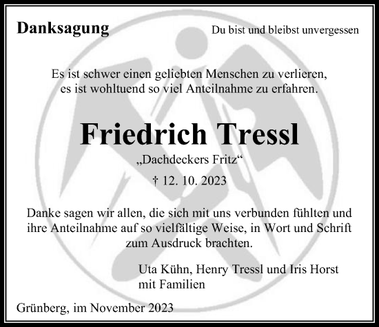 Traueranzeige von Friedrich Tressl von Giessener Allgemeine, Alsfelder Allgemeine, Heimatzeitung Grünberg + Laubach