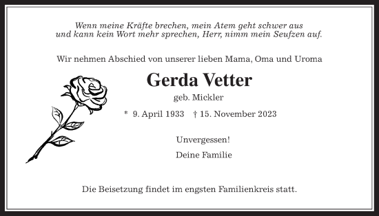 Traueranzeige von Gerda Vetter von Usinger Anzeiger