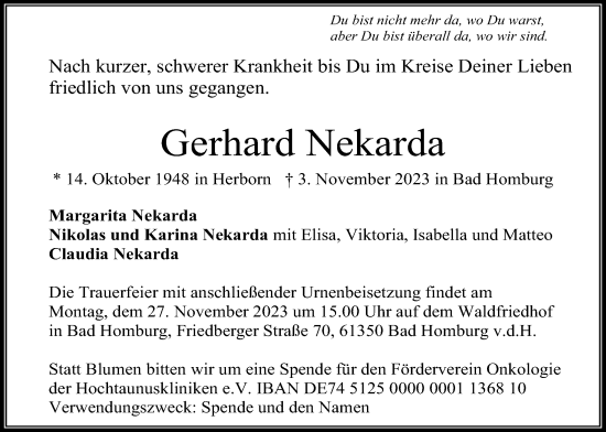Traueranzeige von Gerhard Nekarda von Usinger Anzeiger
