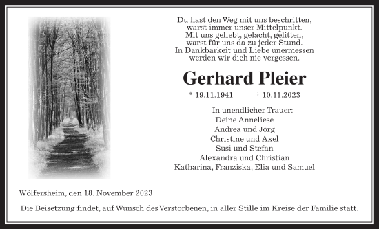 Traueranzeige von Gerhard Pleier von Wetterauer Zeitung
