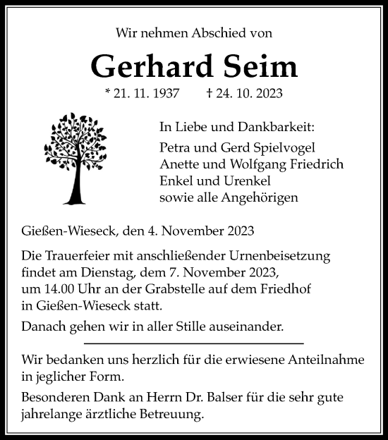 Traueranzeige von Gerhard Seim von Giessener Allgemeine, Alsfelder Allgemeine, Giessener Anzeiger