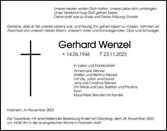 Traueranzeige von Gerhard Wenzel von Giessener Anzeiger, Giessener Allgemeine, Alsfelder Allgemeine