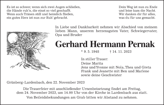 Traueranzeige von Gerhard Hermann Pernak von Giessener Allgemeine, Alsfelder Allgemeine
