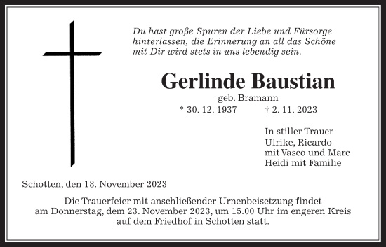 Traueranzeige von Gerlinde Baustian von Kreis-Anzeiger