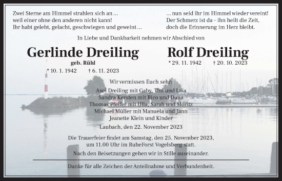 Traueranzeige von Gerlinde Dreiling von Laubacher Anzeiger
