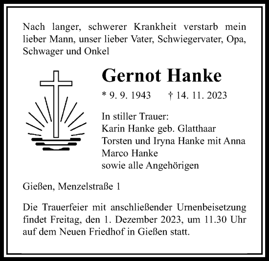 Traueranzeige von Gernot Hanke von Giessener Allgemeine, Alsfelder Allgemeine