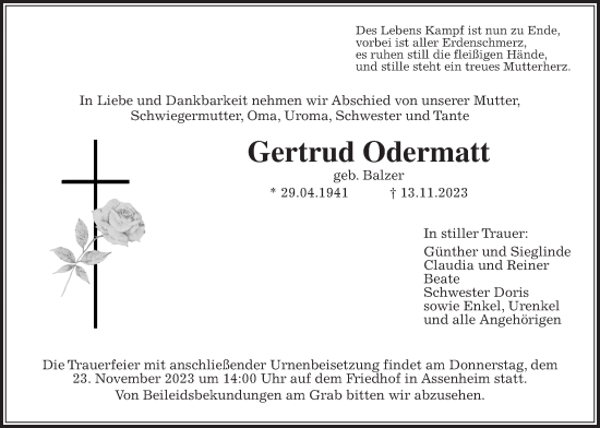 Traueranzeige von Gertrud Odermatt von Wetterauer Zeitung