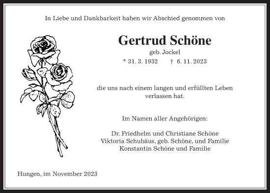 Traueranzeige von Gertrud Schöne von Giessener Anzeiger