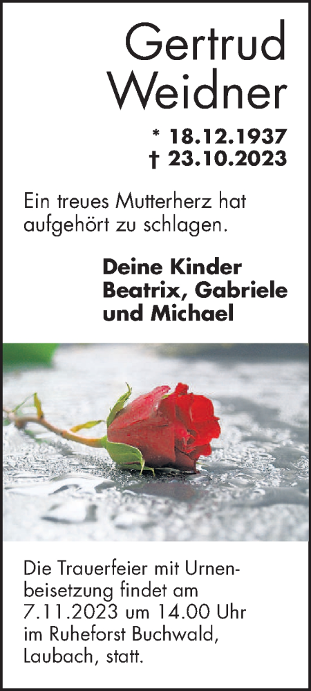 Traueranzeige von Gertrud Weidner von Kreis-Anzeiger