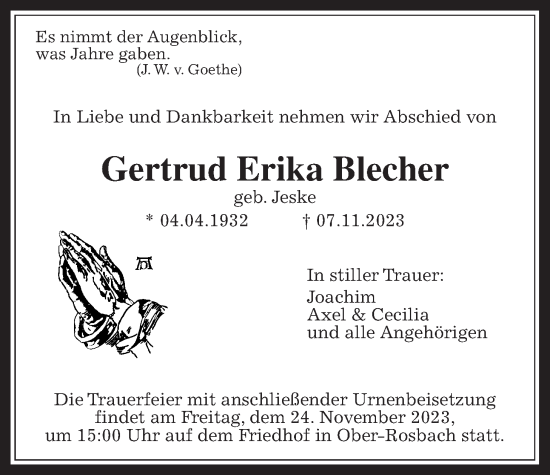 Traueranzeige von Gertrud Erika Blecher von Wetterauer Zeitung