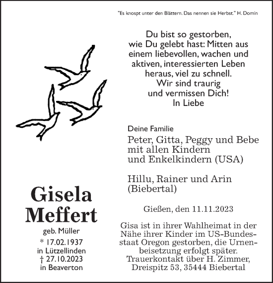 Traueranzeige von Gisela Meffert von Giessener Anzeiger, Giessener Allgemeine, Alsfelder Allgemeine