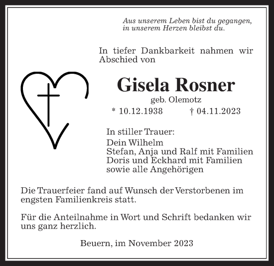 Traueranzeige von Gisela Rosner von Giessener Allgemeine, Alsfelder Allgemeine