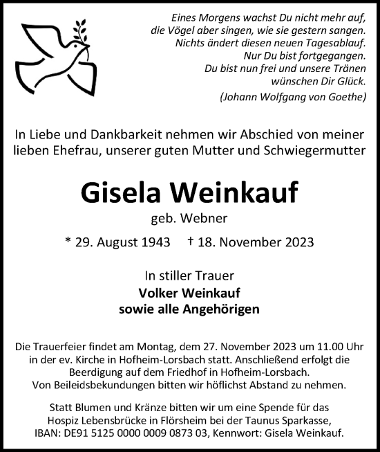 Traueranzeige von Gisela Weinkauf 