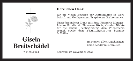 Traueranzeige von Giserla Breitschädel von Giessener Allgemeine, Alsfelder Allgemeine